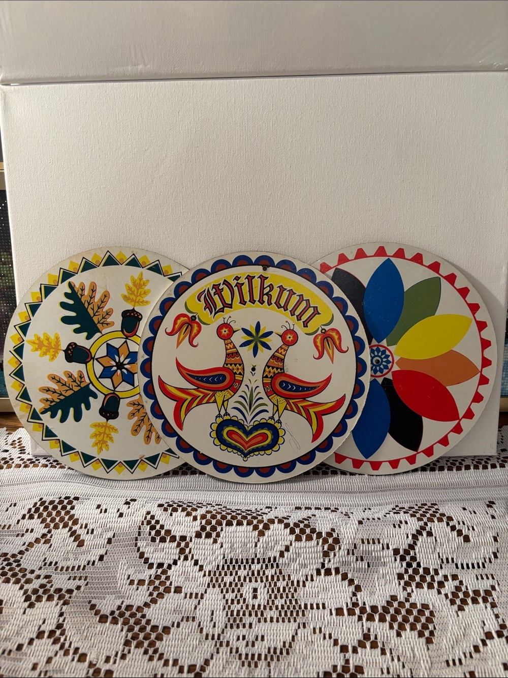 Vintage White Multicolor Folk Art Wall Plaques